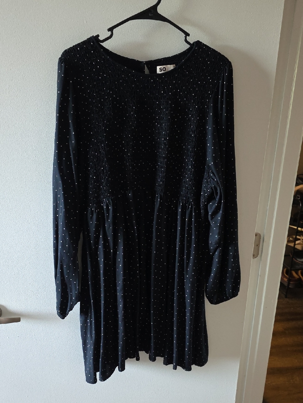 SO Black Dress with White Polka Dot Smocked Bodice